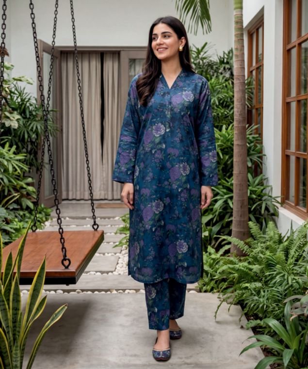 Royal Indigo Peony 3-Piece Lawn Suit