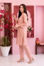 Soft Peach Geometric Chevron 3-Piece Lawn Suit - Image 2